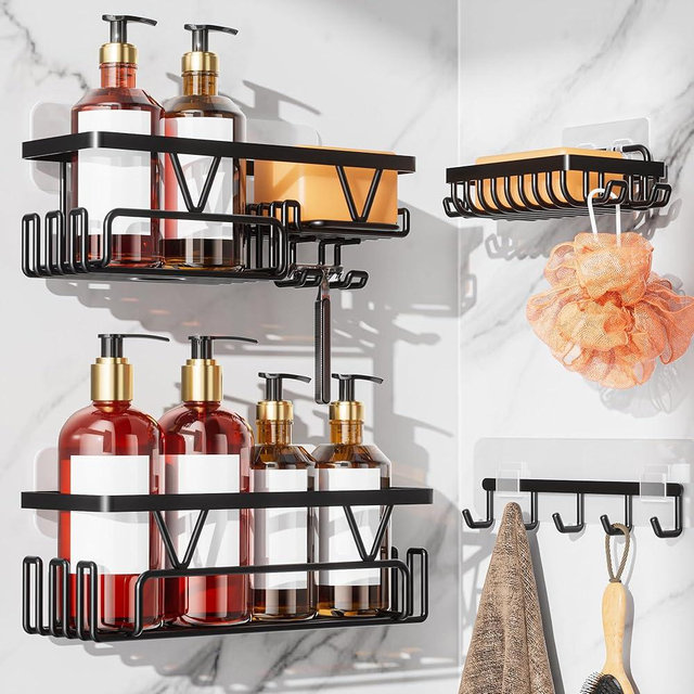 KEGII Adhesive Shower Caddy 4 Pack, No Drilling Shower Organizer with Towel Rack, Hooks & Soap Holder, Self-Adhesive Bathroom Shelves Rack for Space-Saving Storage