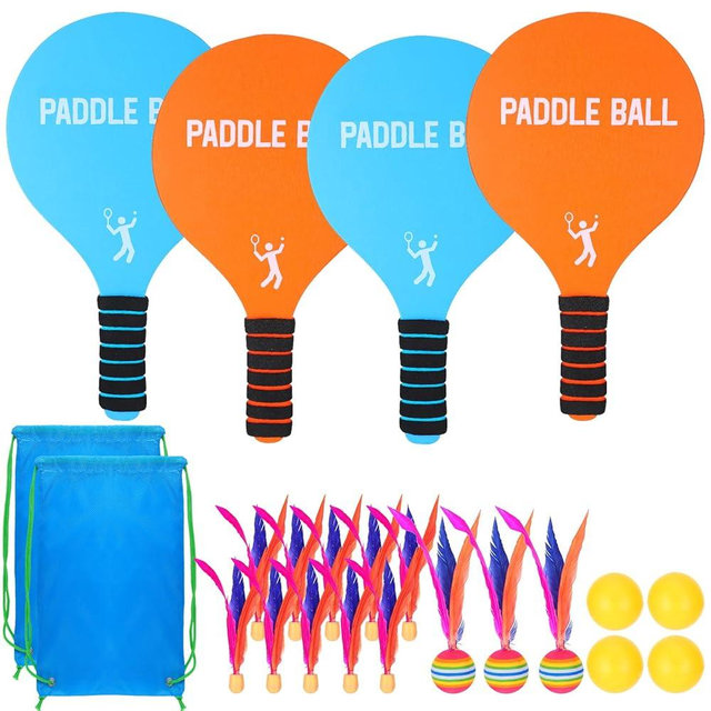 2 Beach Paddle Ball Sets - Funny Paddleball Rackets Game, Outdoor Sports Toys for Kids Adults Family Games Beach Yard Lawn Party Supplies (4 Paddles, 13 Birdies, 4 Balls, 2 Drawstring Bags)