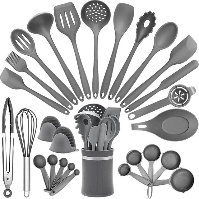 28PCS Silicone Kitchen Cooking Utensils Set with Holder, AIKWI Heat-Resistant & Non-stick Silicone Turner Spatula Spoon for Cooking, BPA Free Kitchen Tools Gift (Gray)