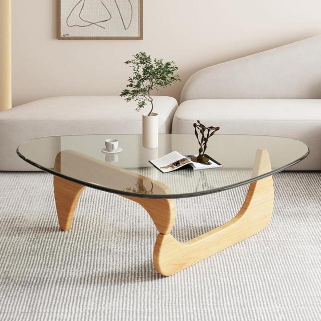 Triangle Coffee Table in Walnut Mid Century Modern Solid Wood Base and Triangle Clear Glass Coffee Table for Living Room Low Minimalist Tea Table Coffee Tables (36 * 25.6 * 16, Log Transparent)