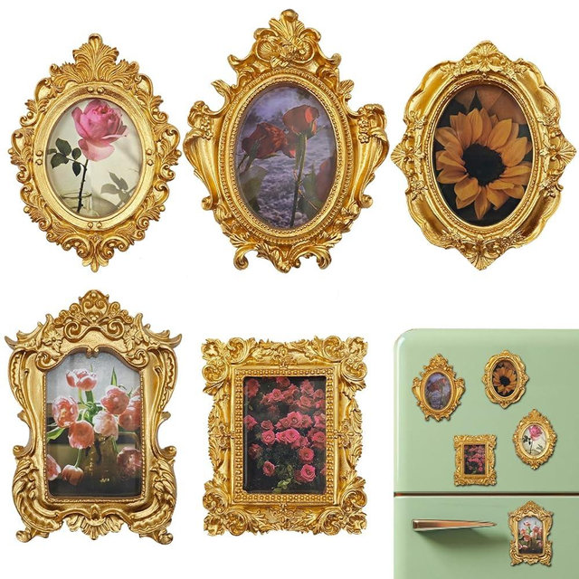 ZIFEZIRE Mini Gold Magnetic Picture Frames for Refrigerator, 5 Small Vintage Photo Frames with Soft Magnet Backing, Victorian Style Decor for Kitchen Office Home