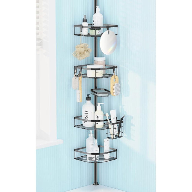 TIMIANO Shower Caddy Tension Pole, 4-Tier Adjustable Corner Shower Standing Caddy, Rustproof Rack for Bathroom Bathtub, with 4 Shelves, No Drilling Corner Bathroom Shelf for Inside (Black)