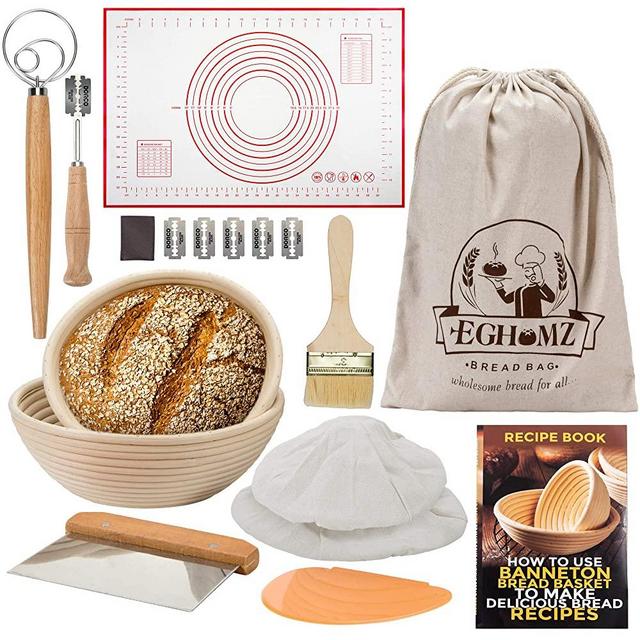 EGHOMZ Banneton Bread Proofing Basket - Set Of 2, 9" And 10" Proofing Baskets For Sourdough Bread Making-Includes 2 Dough Scrapers, Danish Dough Whisk, Baking Brush & Mat, Bread Lame With 5 Blades