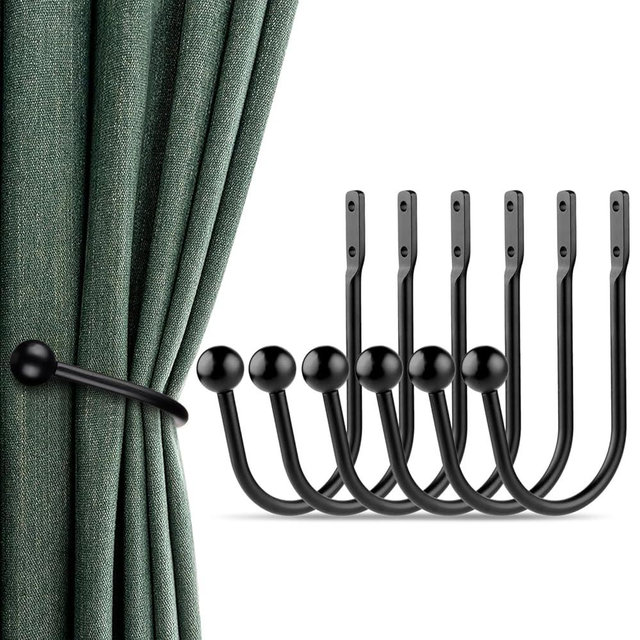 Curtain Holdbacks, 6pcs Curtains Holder Wall Mounted Drapery Tiebacks Retro Window Hook for Home Decor, Matte Black