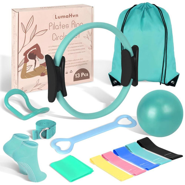 HGKZJSL Home Pilates Essentials Kit for Women,Pilates Equipment Set with 9 Inch Yoga Ball,Figure 8 Resistance Band,Pilates Bands & Accessories,Pilates Ring and Ball Set for Beginners Home Workouts