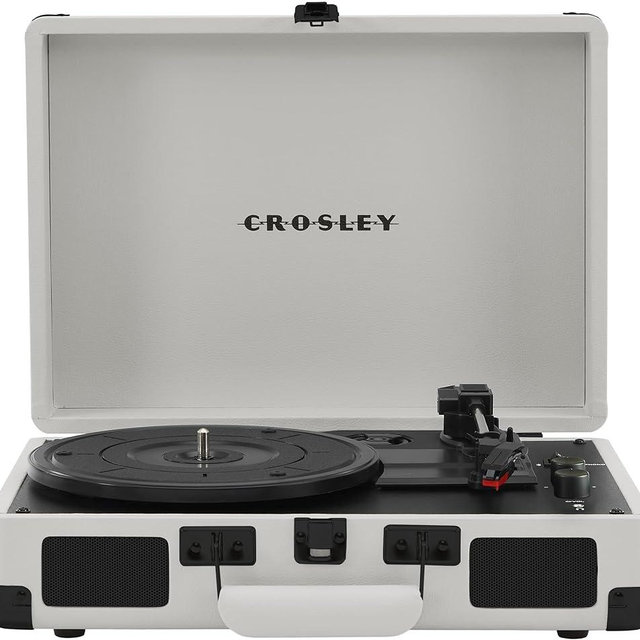 Crosley CR8005DP-WF Cruiser Plus Vintage 3-Speed Bluetooth in/Out Suitcase Vinyl Record Player Turntable, White Farmhouse