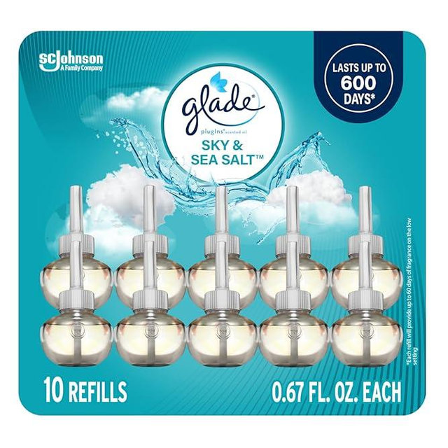 Glade PlugIns Refills Air Freshener, Sky & Sea Salt, Scented and Essential Oils for Home and Bathroom, 0.67 Fl Oz, 10 Count