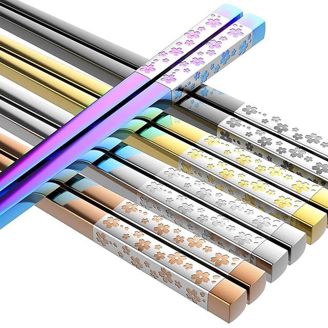Metal Chopsticks Reusable 5 Pairs Japanese Style Chopstick Multicolor Stainless Steel Chopsticks Dishwasher Safe Square Lightweight Non-Slip Chop Sticks Gift Set
