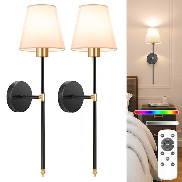 NIORSUN Battery Operated Wall Sconce Set of 2,Gold-Black Rechargeable Wall Lights with 5200mAh Dimmable Bulbs and Remote,9 Colors Wireless Wall Lamps for Bedroom Living Room Hallway Decor