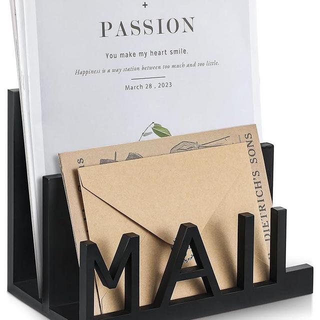 Vercraft 2 Slot Mail Holder Countertop Wooden Mail Organizer Black Letter Holder with Cutout Lettering Design for Office Desktop Envelope and Document Storage Rack(Mail)