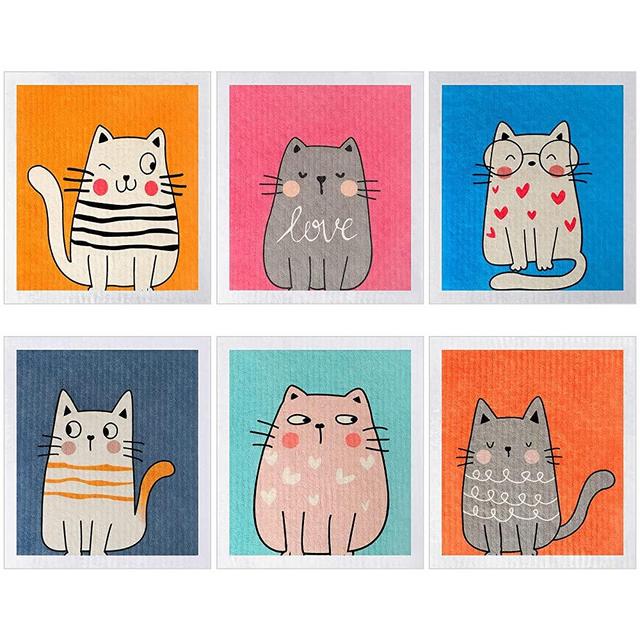 6 Pieces Swedish Kitchen Dishcloth Dish Cloths Fabric Cleaning Cloths Kitchen Cloths Reusable Fabric Towels (Yellow, Rose Red, Blue,Cat Style)