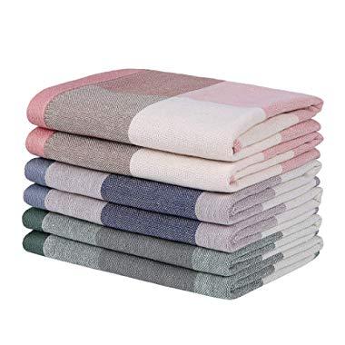 100% Natural Cotton Kitchen Terry Dishcloths, Ultra Absorbent Drying Dishes Rags, Plaid Tea Towels - Great for Household Cooking Cleaning, 6pc/Set Washcloths