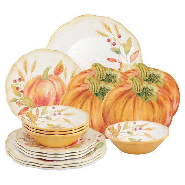 UPware 16 Piece Pumpkin Melamine Dinnerware Sets, Outdoor Dishes Set, Plates and Bowls Sets, Autumn Thanksgiving Decorations, Service for 4, Orange