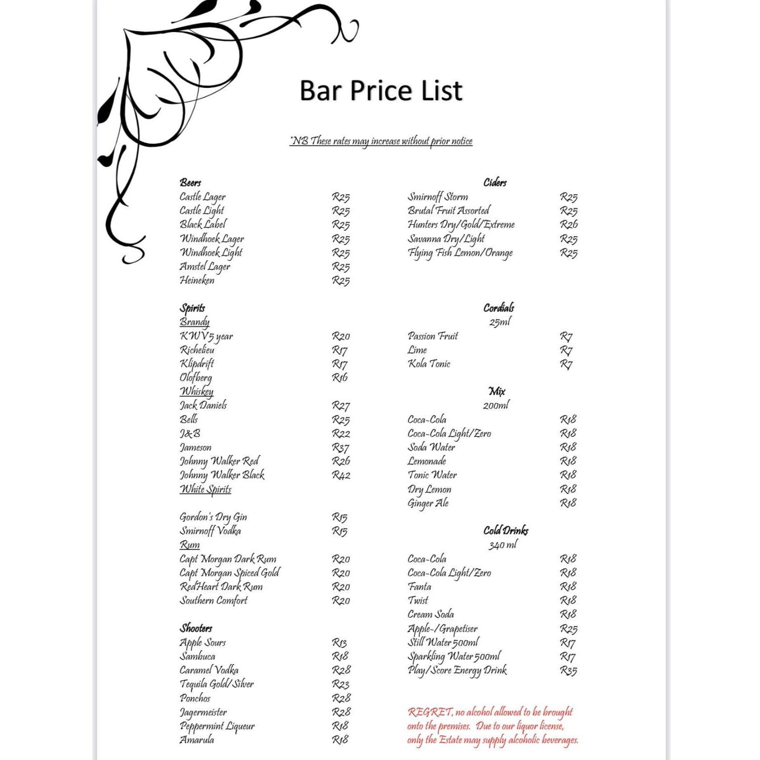 Cash Bar Price List