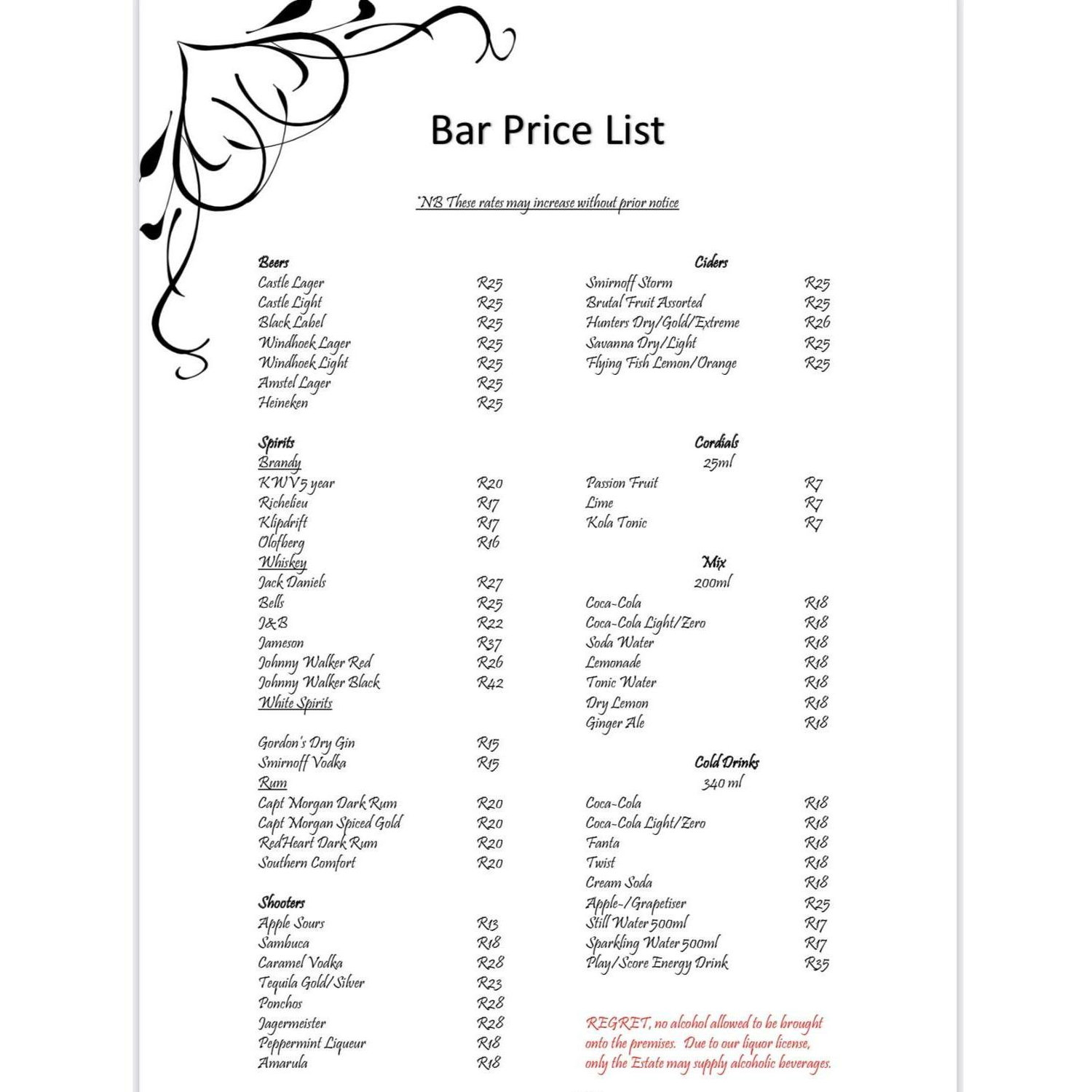 Cash Bar Price List