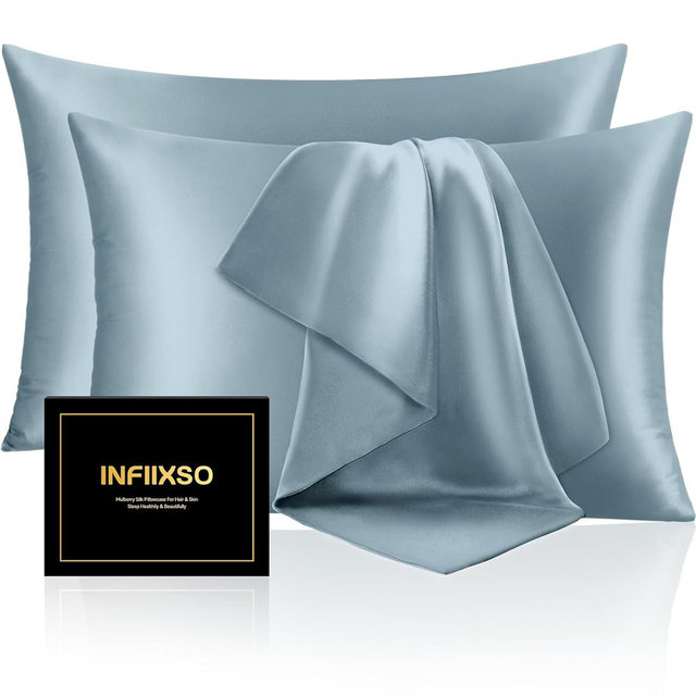 INFIIXSO Silk Pillow Cases 2 Pack Standard Size, Ultra Smooth & Soft Mulberry Silk Pillow Case for Hair and Skin, Breathable Cooling Silk Pillowcase with Hidden Zipper (Airy Blue, 20x26 Inches)