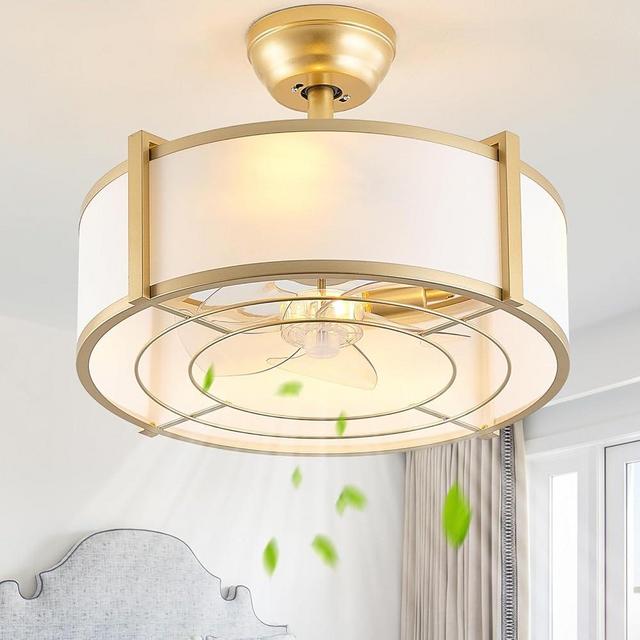 SYDACG 20" Gold Fandelier Ceiling Fans with Lights, Boho Rattan Chandelier Ceiling Fan with Light Remote Control, Mid-Century Modern Caged with 6 Speeds for Bedroom, Nursery
