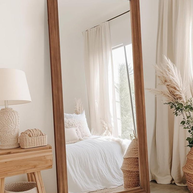 Full Length Mirror, 71"×32" Wooden Mirror Full Length with Stand Wood Floor Mirror, Oversized Stand Up Mirror Large Wall Mirror, Wall Mounted Mirror Full Length, Rect Vintage Style, Browm