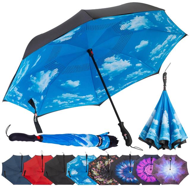 Repel Reverse Folding Inverted Umbrella with 2 Layered Teflon Canopy and Reinforced Fiberglass Ribs (Blue Sky)