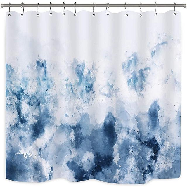 Riyideocr Abstract Watercolor Ombre Blue Shower Curtain Modern Art Gradient Painting Decor Bathroom Set Fabric Polyester 12 Pack Plastic Shower Hooks 72X72 Inch