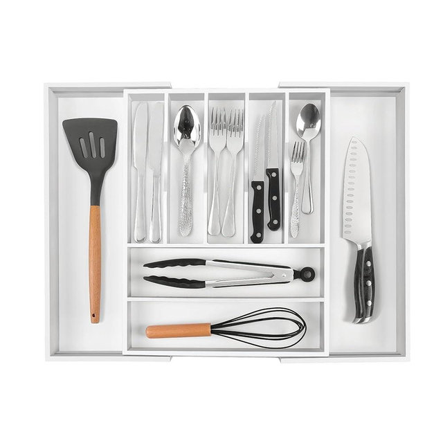 Bellsal Large Premium Bamboo Silverware Organizer - Expandable Utensil Drawer Organizer - 17"x19.6" Utensil Holder and Cutlery Tray with Grooved for Kitchen Flatware and Utensils(7-9 Slot, White)
