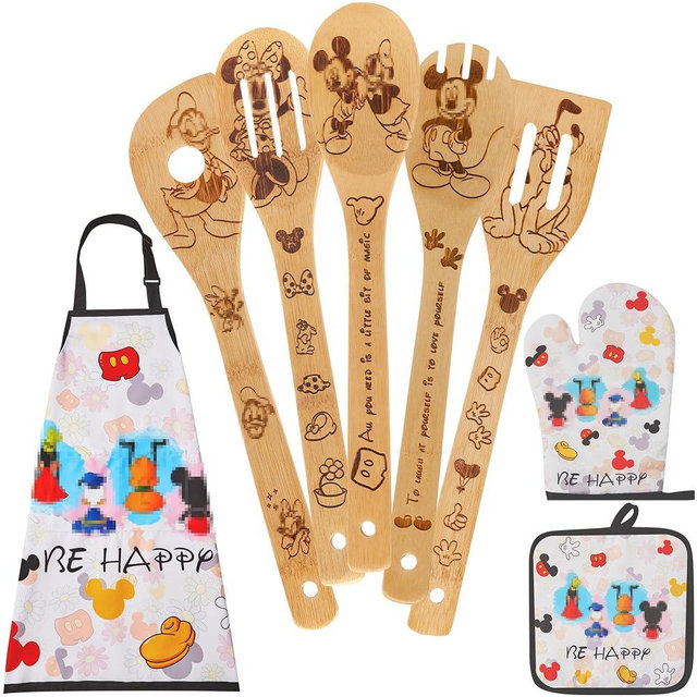 Wooden Spoons for Cooking,Cartoon Bamboo Spoons Utensils Set Kitchen Decoration with Apron Oven Mitt Potholder,Best Birthday Gifts,8PCS Cute Anniversary Present for Women Friends