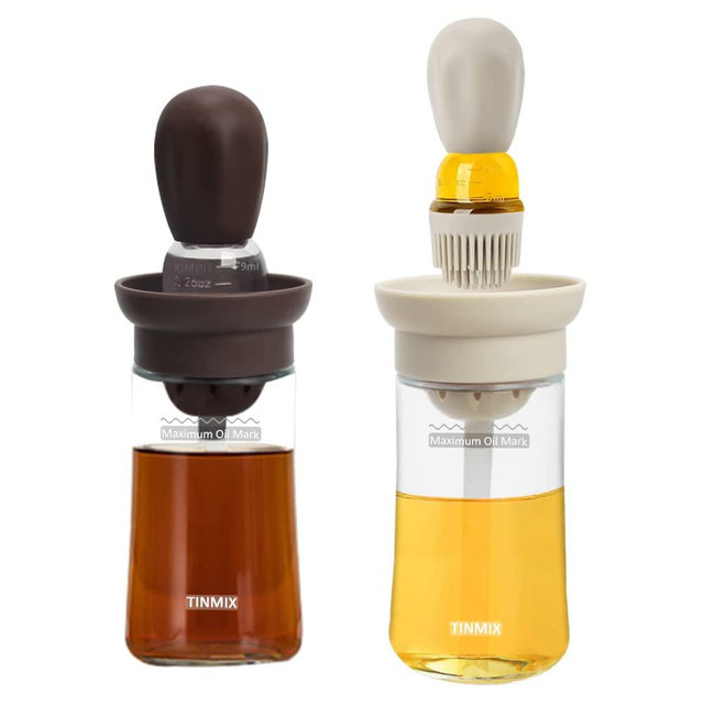 2 Pack Oil Dispenser with Brush - 2 IN 1 180ml Glass Olive Oil Dispenser Bottle with Basting Brush for Cooking Frying Kitchen, T-OB21S, Brown+Grey