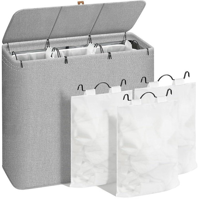 STORAGE MANIAC Triple Laundry Hamper with Lid, 180L Tall Metal Frame Laundry Baskets with Removeable Bag, Large Clothes Hamper with PU Tag, Laundry Bin for Dorm, Collage, Bathroom, Bedroom, Gray