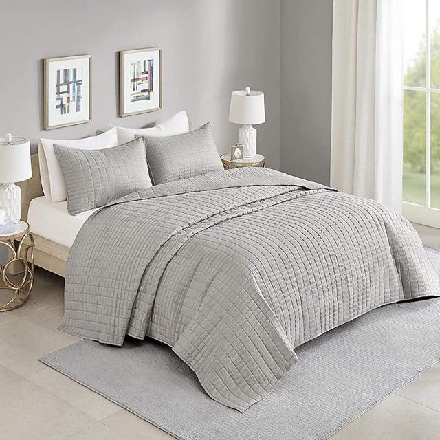 Comfort Spaces Kienna Quilt Coverlet Bedspread Ultra Soft Hypoallergenic All Season Lightweight Filling Stitched Bedding Set, Oversized Queen 108"x118", Gray