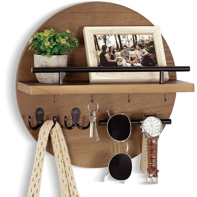 dreampossible Key Holder for Wall Decorative with Shelf and Hooks, Mail Organizer Wall Mount with Sunglasses Holder, Circular Design Entryway Key Rack Hanger, Rustic Home Decor
