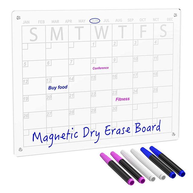 Fridge Calendar Magnetic Dry Erase Board, Clear Acrylic Calendar Whiteboard for Refrigerator Reusable Monthly Planner 16”x12" Includes 6 Markers