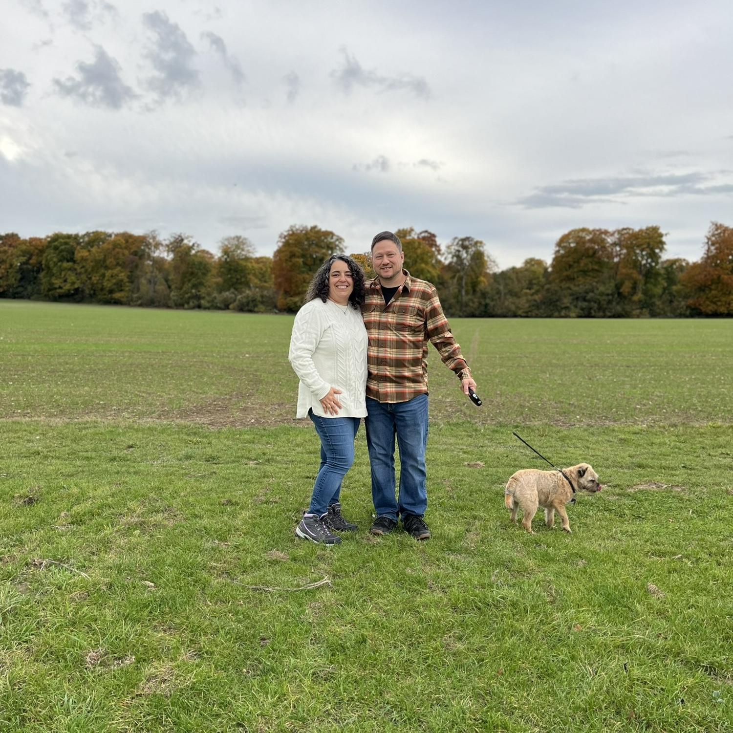 Walking Augie through the countryside in Hitchin.