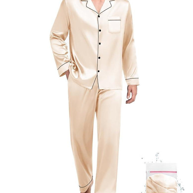 YOPUGEE Mens Pajama Set Long Sleeve Satin Silky Sleepwear 2 Piece Pjs Classic Button Down Loungewear with Pockets S-XXL
