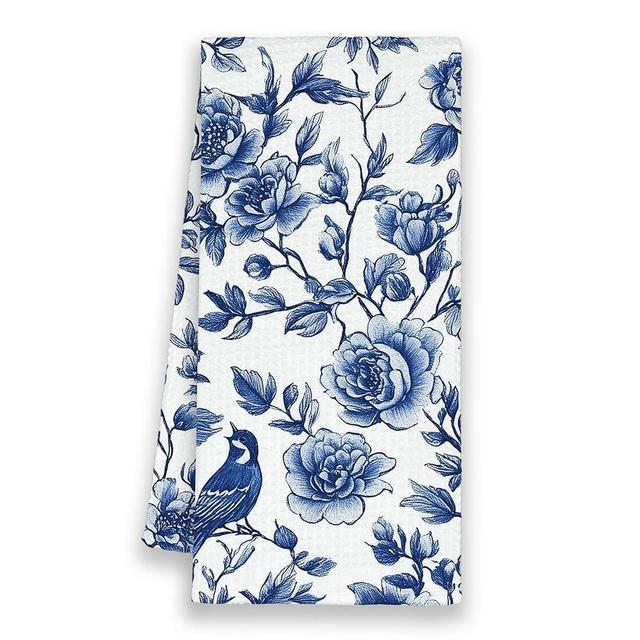 Xmsaitar Blue and White Floral Porcelain Birds Kitchen Towels, Spring Flower Chinoiserie Hand Towels for Bathroom,Vintage Rustic Decorative Dish Towels Decor for Home Kitchen 16x24in