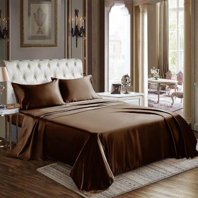 CozyLux Satin Sheets Queen Size - 4 Piece Brown Bed Sheet Set with Silky Microfiber, 1 Deep Pocket Fitted Sheet, 1 Flat Sheet, and 2 Pillowcases - Smooth and Soft