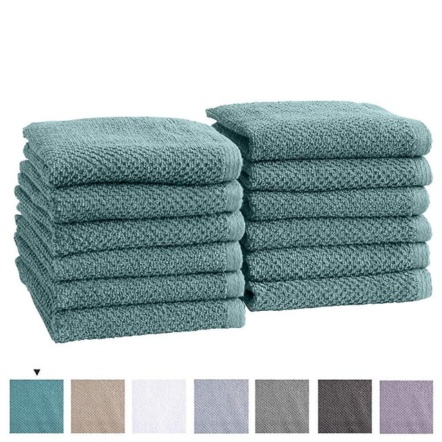 Great Bay Home 12-Pack 100% Cotton, Quick-Dry Textured Washcloths. Ultra-Absorbant, Popcorn Weave. Acacia Collection. (Wash 12pk, Mineral Blue)