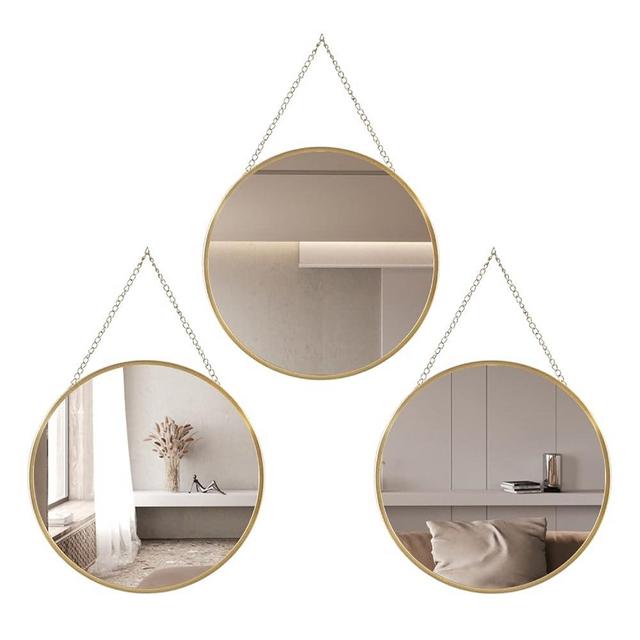 Hanging Circle Mirror Wall Decor Gold Round Mirror with Hanging Chain for Bathroom, Bedroom, Vanity, Living Room, Entryway, 10 Inch X 10 Inch, Set of 3