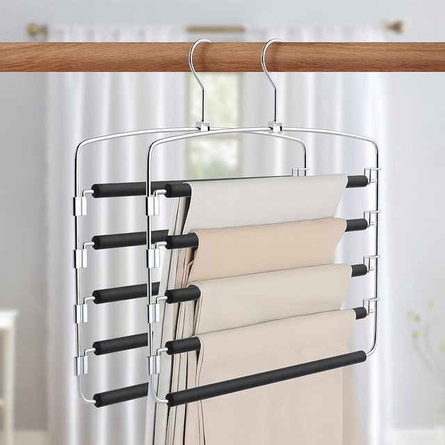 Cycleacc Pants Hangers Space Saving, 2 Pack Anti-Slip Space Saving Hangers, 5 Layer Swing Arm Pants Hanger Stainless Steel with Non-Slip Padding, Closet Organizers & Storage for Pants Trousers Jeans