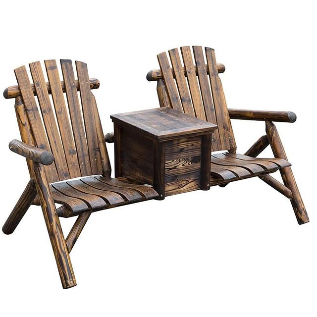Outsunny Wooden Double Adirondack Chair Loveseat with Inset Ice Bucket, Rustic Aesethic, & Weather-Resistant Materials