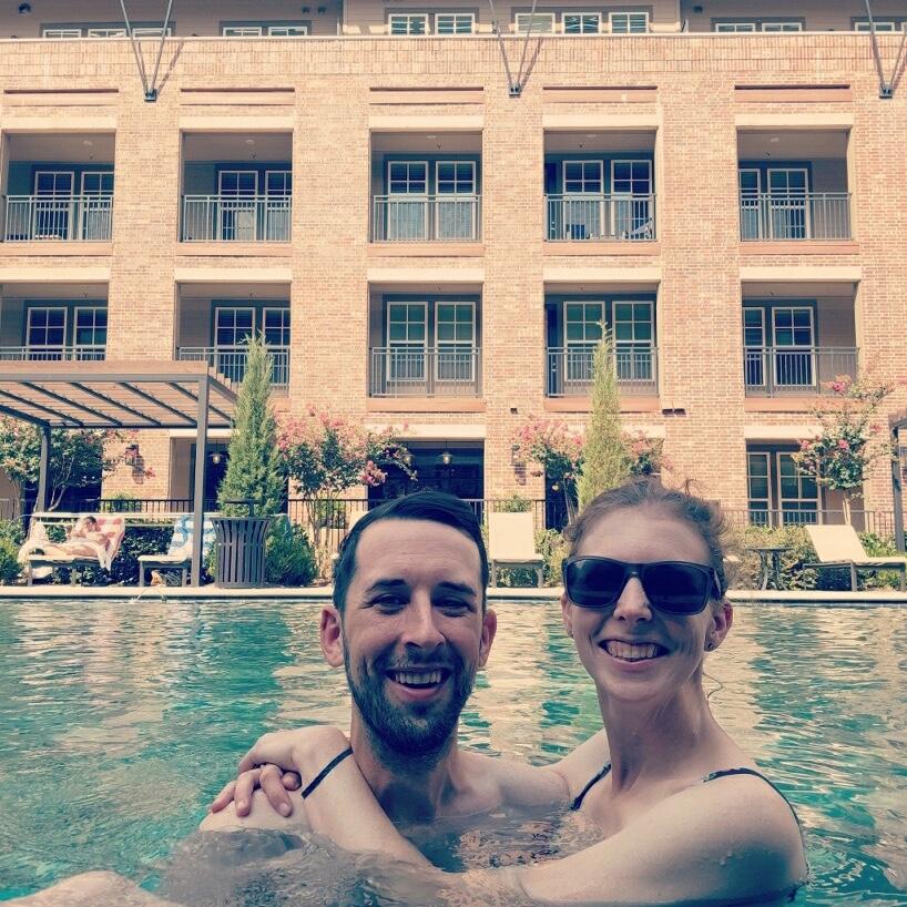 Celebrating moving in together at the new apartment pool. August 2023