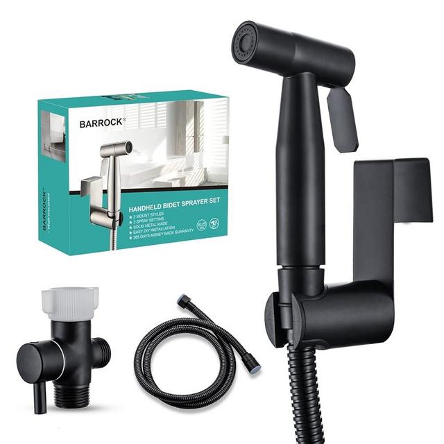 BARROCK Handheld Bidet Sprayer for Toilet, Stainless Steel Metal Made Baby Cloth Diaper Spraying Kit, Bathroom Toilet Bidet Attachment Set for Bathing Pets and Feminine Hygiene, Matte Black