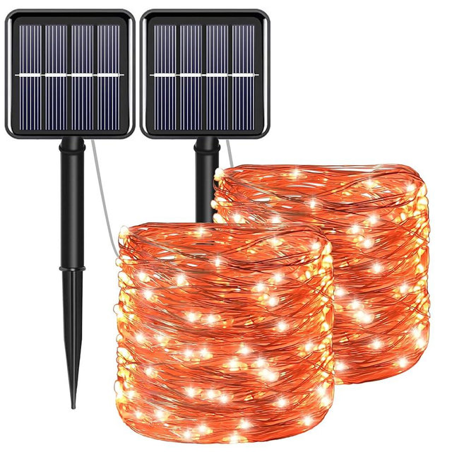 YAOZHOU Fall Outdoor Decorations, Orange Solar String Lights Outdoor, 2Pack Total 200 LED Fairy Fall Lights Thanksgiving Halloween Decor, 8 Modes Waterproof for Porch, Garden, Patio, Fence, Balcony