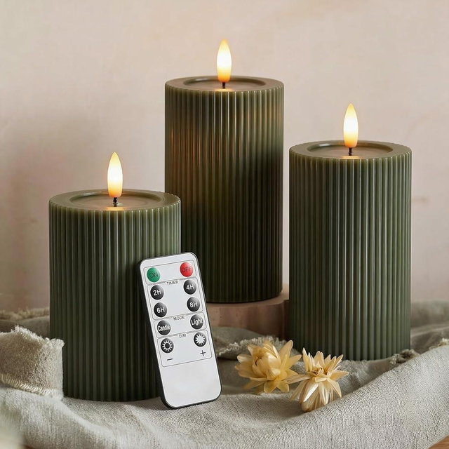 WYZworks Fluted Ribbed LED Pillar Candles, Loden Green, with Realistic Reflective Melted-Wax Effect – Flickering Flame, Remote, Dimmable, Flameless, Battery Operated, Home & Wedding Decor (Set of 3)