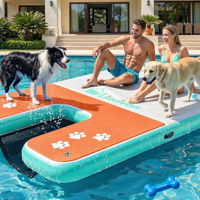 8x5ft Extra Large Inflatable Dog Dock & Boat Ramp for Multiple Large Dogs, 600 LBS Load Capacity, with Anti-Slip EVA Foam & Built-in Ice Bucket Compartment, Dog Water Ramp for Pool Boat Beach Orange
