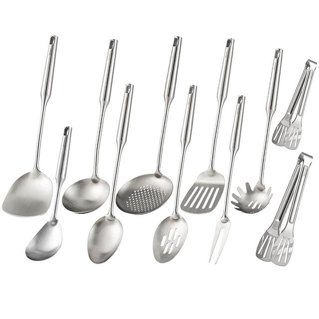 304 Stainless Steel Kitchen Utensils Set, 11 PCS All Metal Cooking Tools - Tongs, Meat Fork, Solid Spoon, Slotted Spoon, Wok Spatula, Ladle, Skimmer, Slotted Spatula, Spaghetti Server, Large Spoon