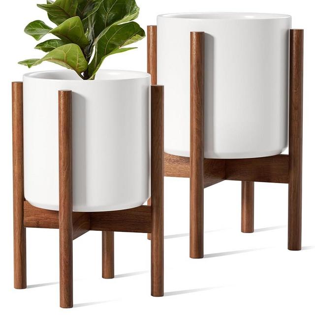 LE TAUCI Indoor Planter with Stand, 10 + 8 Inch, Set of 2, Ceramic Pot for Indoor Plants with Adjustable Acacia Wood Holder, Mid-Century Modern Home Decor, Round Flower Pots with Drainage Hole, White