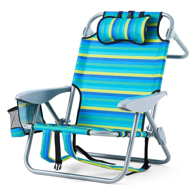 Canpsky Portable Recliners Chair for Adults, Outdoor Camping Chair Lay Flat Folding Backpack Reclining Chair with 5 Positions, Headrest, Zipper Pouch, Cup Holder, NEW Srtiped