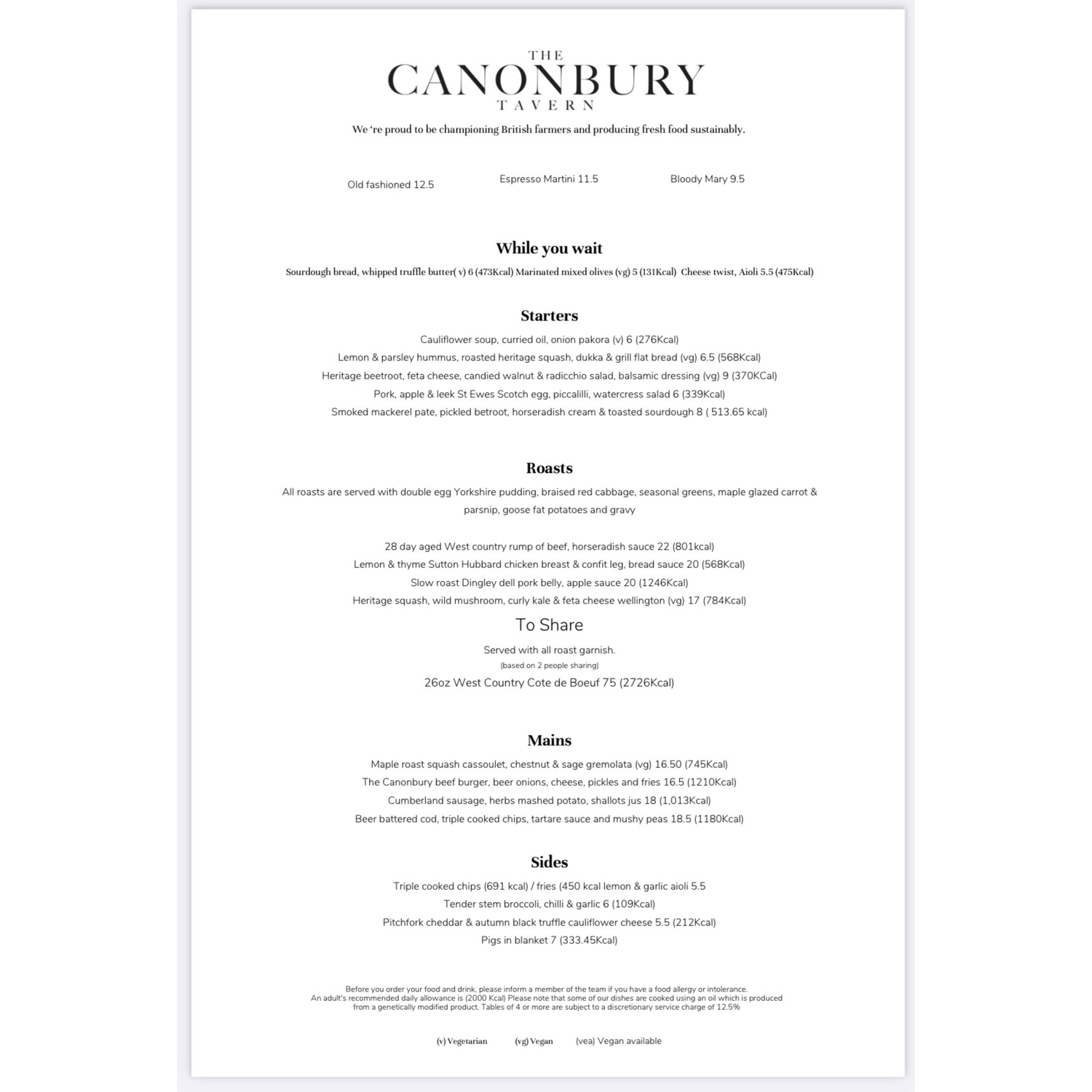 Menu for Sunday