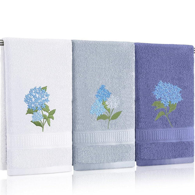 Tingjoo Blue Hydrangea Hand Towels Farmhouse Hydrangea Bathroom Decor 14x29 Inch Embroidered Decorative Cute Summer Cotton Soft Absorbent Towels for Bathroom Kitchen