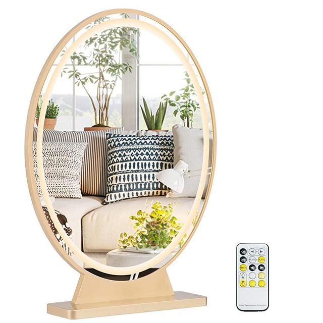 Tangkula Vanity Makeup Mirror with Lights, Round HD Lighted Mirror w/Remote Control, 4 Colors Lighting Modes, Adjustable Brightness, Detachable Tabletop Cosmetic Mirror (Gold)